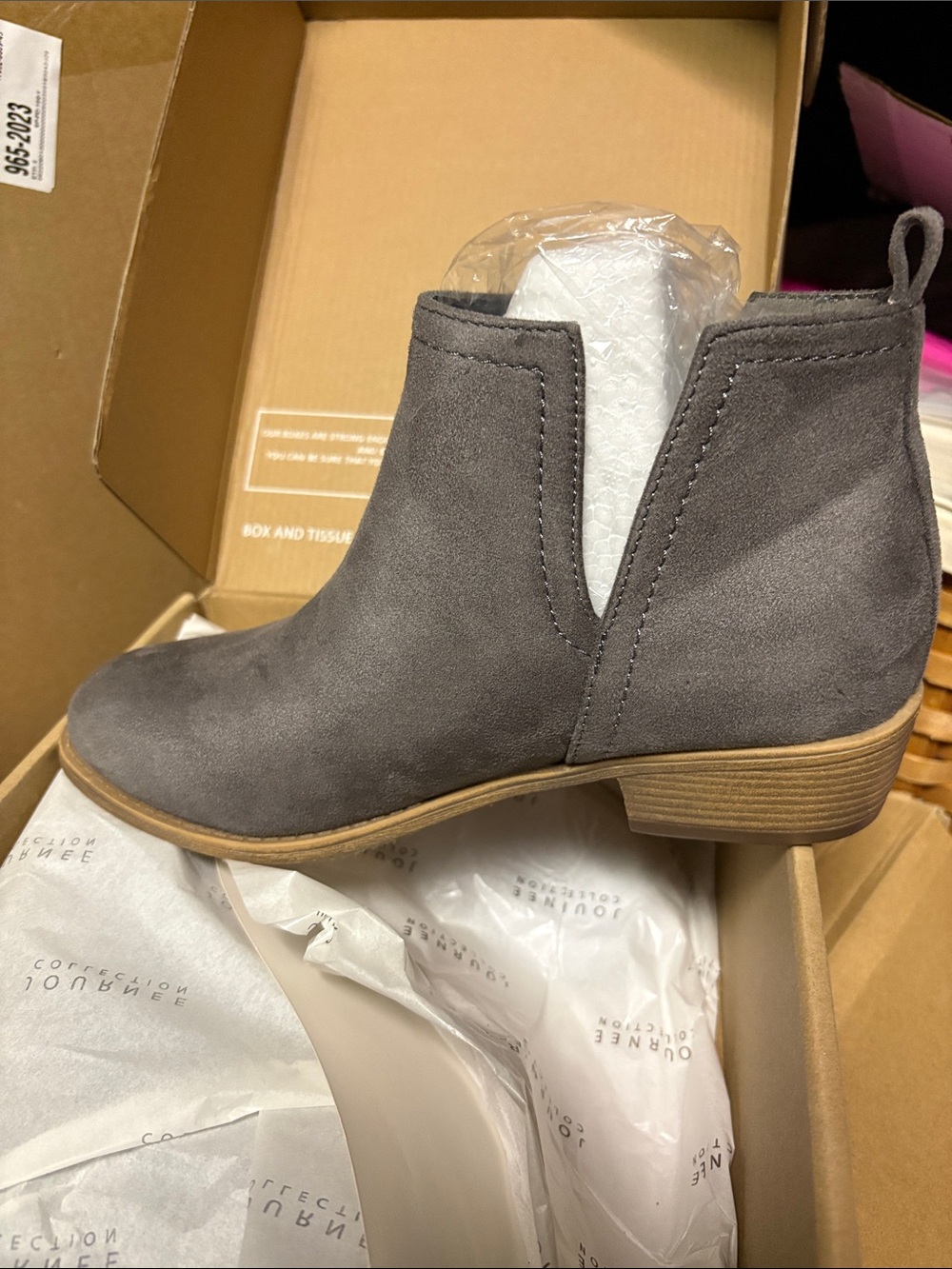 Journee Collection Gray Suede Ankle Booties with Low Stacked Heel